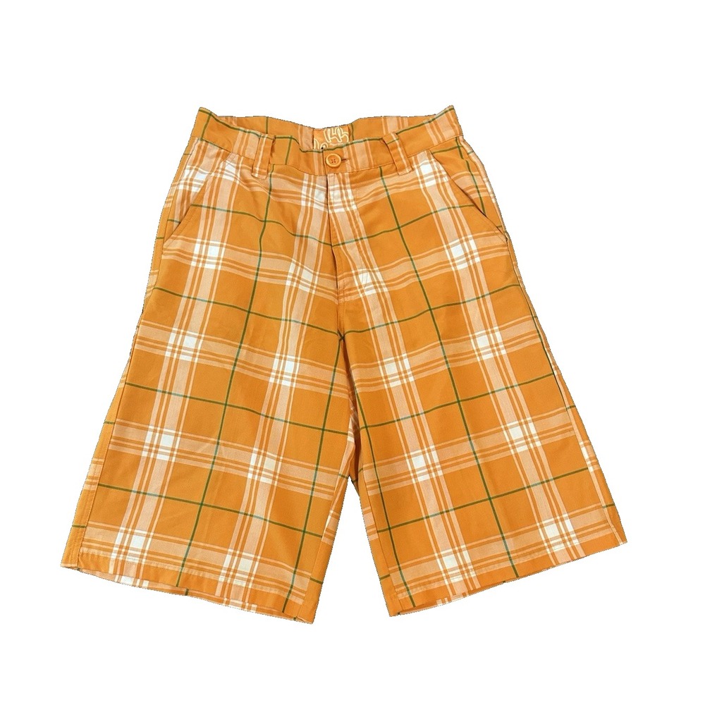 Y2K Plaid Preppy Hip Hop Mens Long Shorts 35 Skater Baggy Golf Orange McBling